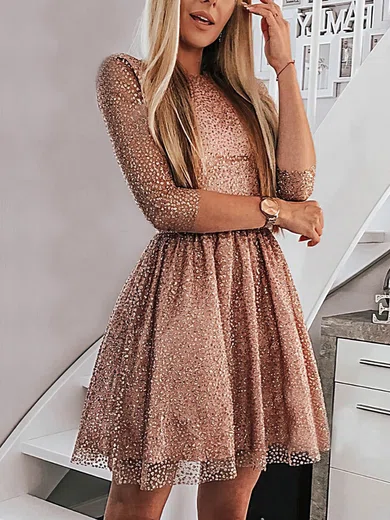 A-line Scoop Neck Glitter Short/Mini Sashes / Ribbons Prom Dresses #Favs020107238