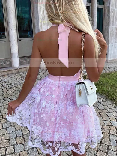 A-line Halter Lace Short/Mini Sashes / Ribbons Prom Dresses #Favs020107239