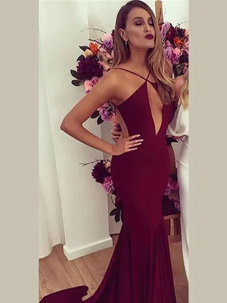 Trumpet/Mermaid V-neck Jersey Court Train Prom Dresses #Favs020103672 Trumpet/Mermaid V-neck Jersey Court Train Prom Dresses #Favs020103672