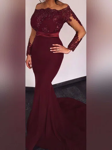 Trumpet/Mermaid Off-the-shoulder Jersey Sweep Train Appliques Lace Prom Dresses #Favs020103747