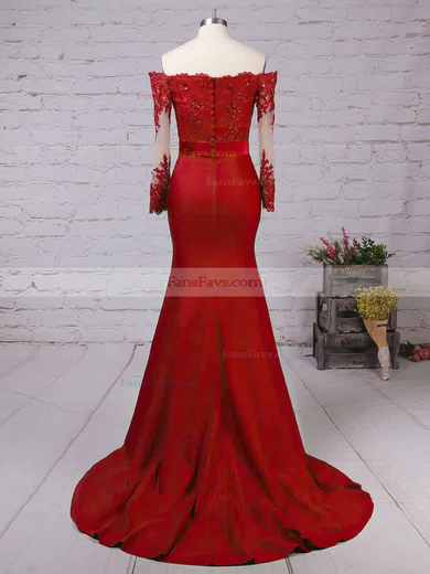 Trumpet/Mermaid Off-the-shoulder Jersey Sweep Train Appliques Lace Prom Dresses #Favs020103747