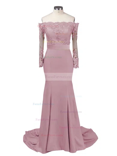 Trumpet/Mermaid Off-the-shoulder Jersey Sweep Train Appliques Lace Prom Dresses #Favs020103747