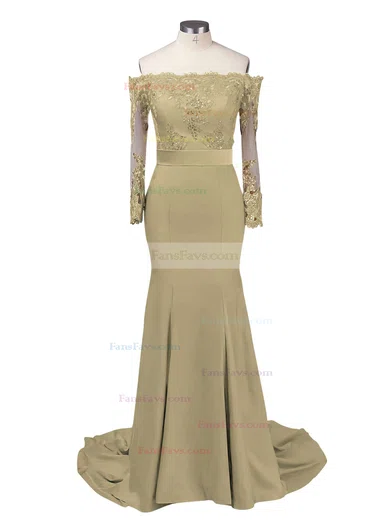 Trumpet/Mermaid Off-the-shoulder Jersey Sweep Train Appliques Lace Prom Dresses #Favs020103747