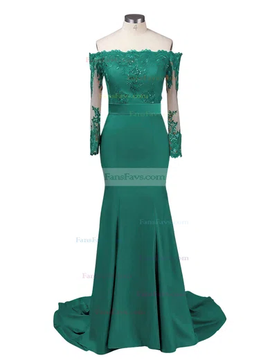 Trumpet/Mermaid Off-the-shoulder Jersey Sweep Train Appliques Lace Prom Dresses #Favs020103747