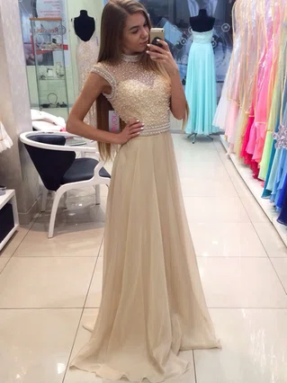 A-line High Neck Chiffon Sweep Train Crystal Detailing Prom Dresses #Favs020103774 A-line High Neck Chiffon Sweep Train Crystal Detailing Prom Dresses #Favs020103774