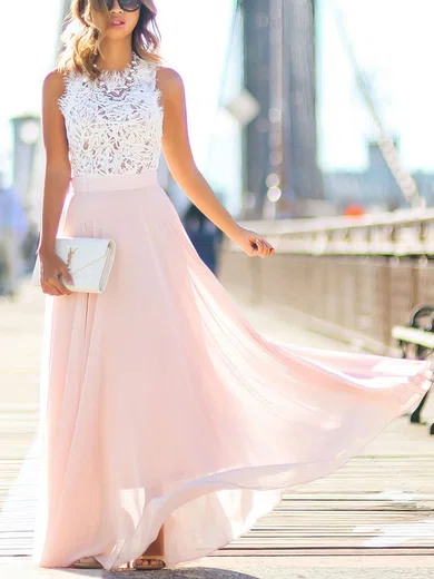 A-line Scoop Neck Lace Chiffon Floor-length Beading Prom Dresses #Favs020103784