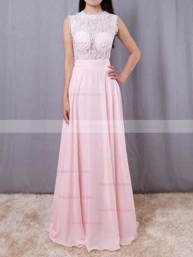 A-line Scoop Neck Lace Chiffon Floor-length Beading Prom Dresses #Favs020103784