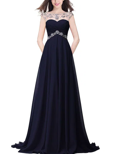 A-line Scoop Neck Chiffon Sweep Train Beading Prom Dresses #Favs020104145