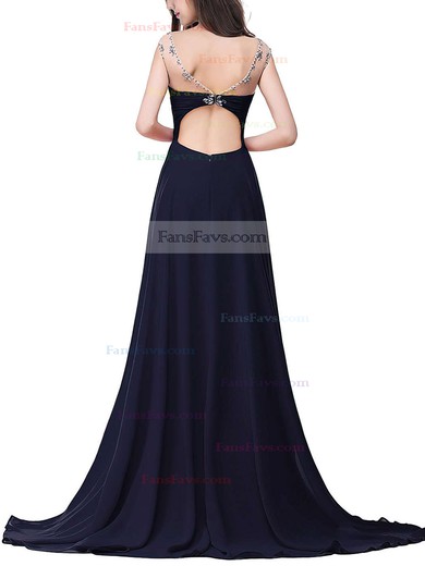 A-line Scoop Neck Chiffon Sweep Train Beading Prom Dresses #Favs020104145