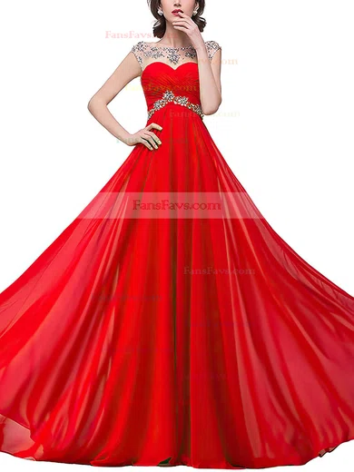 A-line Scoop Neck Chiffon Sweep Train Beading Prom Dresses #Favs020104145