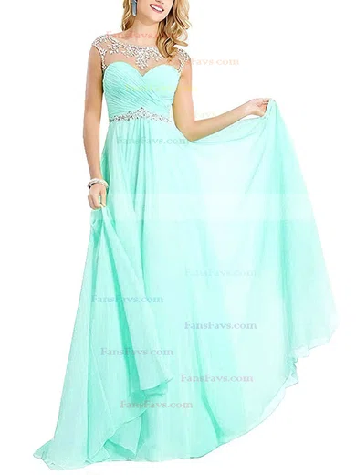 A-line Scoop Neck Chiffon Sweep Train Beading Prom Dresses #Favs020104145