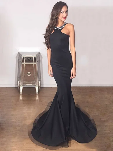 Trumpet/Mermaid Scoop Neck Tulle Silk-like Satin Sweep Train Beading Prom Dresses #Favs020102584