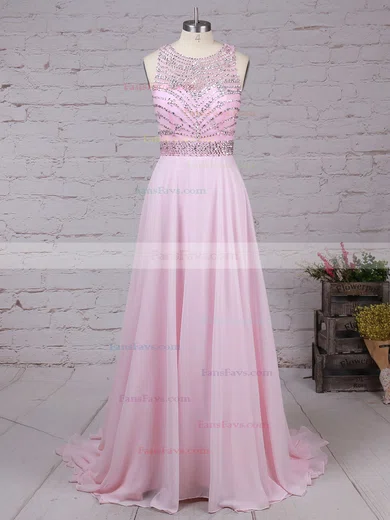 A-line Scoop Neck Chiffon Sweep Train Beading Prom Dresses #Favs020104148