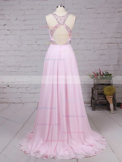 A-line Scoop Neck Chiffon Sweep Train Beading Prom Dresses #Favs020104148