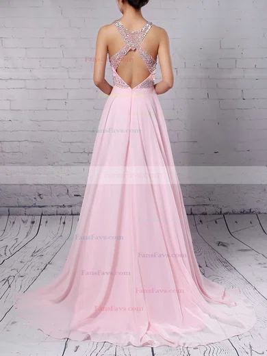 A-line Scoop Neck Chiffon Sweep Train Beading Prom Dresses #Favs020104148