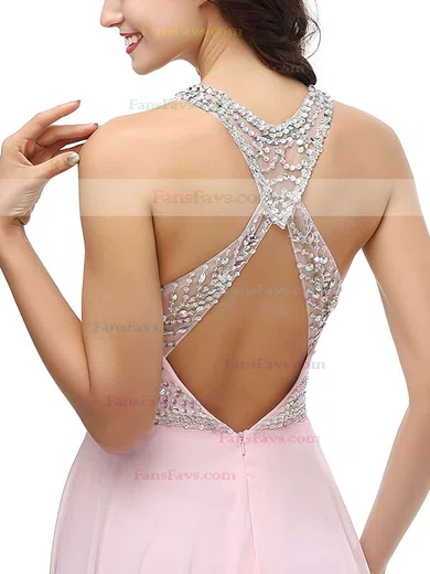 A-line Scoop Neck Chiffon Sweep Train Beading Prom Dresses #Favs020104148
