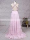 A-line Scoop Neck Chiffon Sweep Train Beading Prom Dresses #Favs020104148