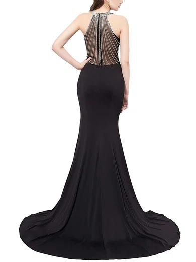 Trumpet/Mermaid Scoop Neck Jersey Sweep Train Crystal Detailing Prom Dresses #Favs020104149