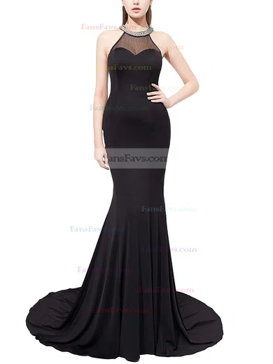 Trumpet/Mermaid Scoop Neck Jersey Sweep Train Crystal Detailing Prom Dresses #Favs020104149