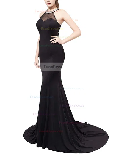 Trumpet/Mermaid Scoop Neck Jersey Sweep Train Crystal Detailing Prom Dresses #Favs020104149