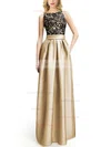 A-line Scoop Neck Satin Floor-length Appliques Lace Prom Dresses #Favs020104152
