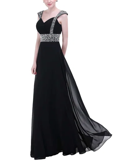 A-line V-neck Chiffon Floor-length Beading Prom Dresses #Favs020104155