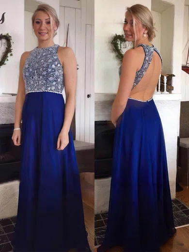 A-line Scoop Neck Chiffon Floor-length Sequins Prom Dresses #Favs020104217