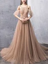 A-line Square Neckline Tulle Sweep Train Appliques Lace Prom Dresses #Favs020107245