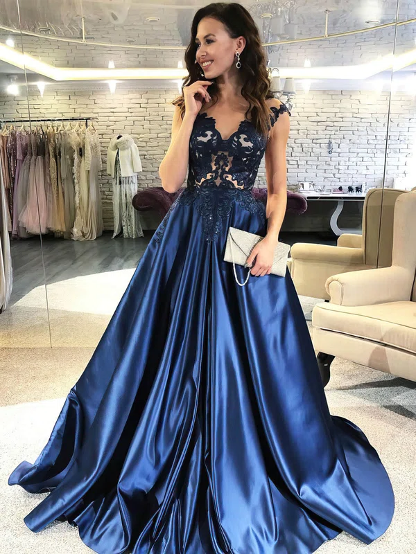 A-line V-neck Satin Sweep Train Appliques Lace Prom Dresses #Favs020107246