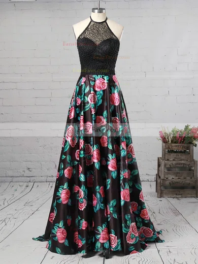 Ball Gown Halter Satin Sweep Train Beading Prom Dresses #Favs020104267