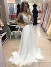 A-line V-neck Chiffon Sweep Train Beading Prom Dresses #Favs020107256