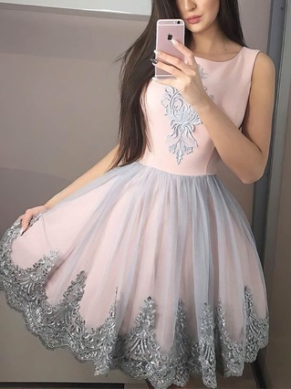 A-line Scoop Neck Organza Short/Mini Appliques Lace Prom Dresses #Favs020107258 A-line Scoop Neck Organza Short/Mini Appliques Lace Prom Dresses #Favs020107258