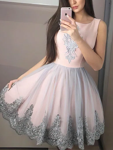 A-line Scoop Neck Organza Short/Mini Appliques Lace Prom Dresses #Favs020107258