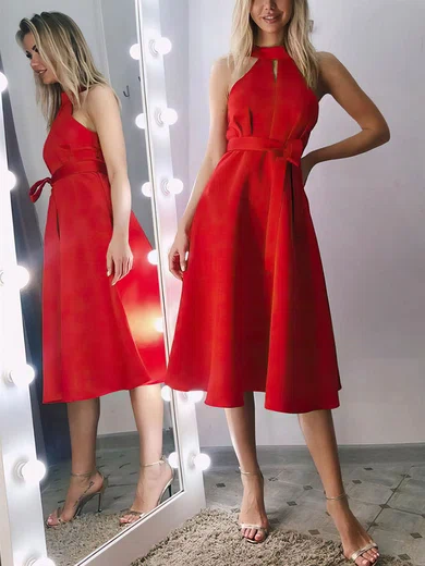 A-line Halter Chiffon Tea-length Sashes / Ribbons Prom Dresses #Favs020107267