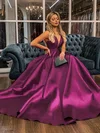 A-line V-neck Satin Sweep Train Bow Prom Dresses #Favs020107273