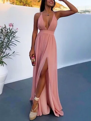 A-line V-neck Chiffon Sweep Train Split Front Prom Dresses #Favs020107274 A-line V-neck Chiffon Sweep Train Split Front Prom Dresses #Favs020107274