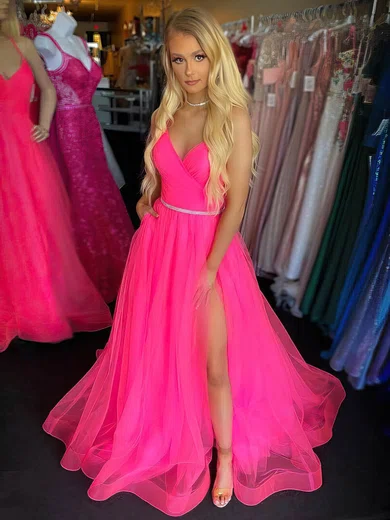 A-line V-neck Tulle Sweep Train Beading Prom Dresses #Favs020107281
