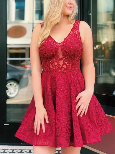 A-line V-neck Lace Short/Mini Beading Prom Dresses #Favs020107283