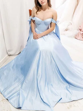 A-line Off-the-shoulder Satin Sweep Train Bow Prom Dresses #Favs020107293 A-line Off-the-shoulder Satin Sweep Train Bow Prom Dresses #Favs020107293