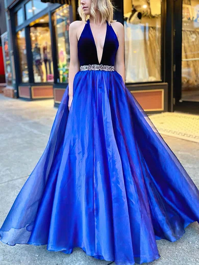 A-line Halter Organza Sweep Train Beading Prom Dresses #Favs020107298