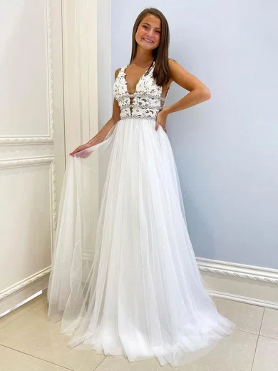 A-line V-neck Tulle Sweep Train Beading Prom Dresses #Favs020107301