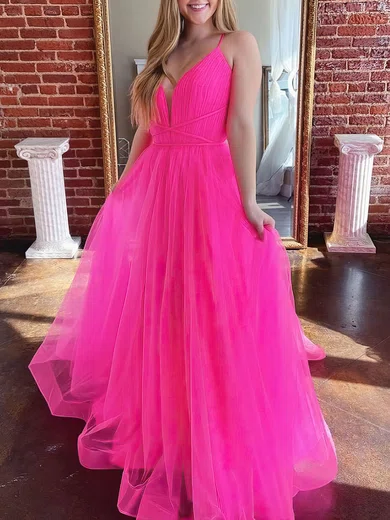 A-line V-neck Tulle Sweep Train Prom Dresses #Favs020107304