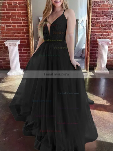 A-line V-neck Tulle Sweep Train Prom Dresses #Favs020107304