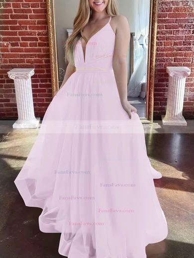 A-line V-neck Tulle Sweep Train Prom Dresses #Favs020107304