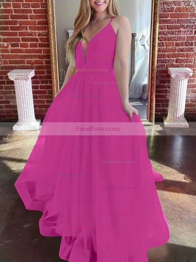 A-line V-neck Tulle Sweep Train Prom Dresses #Favs020107304
