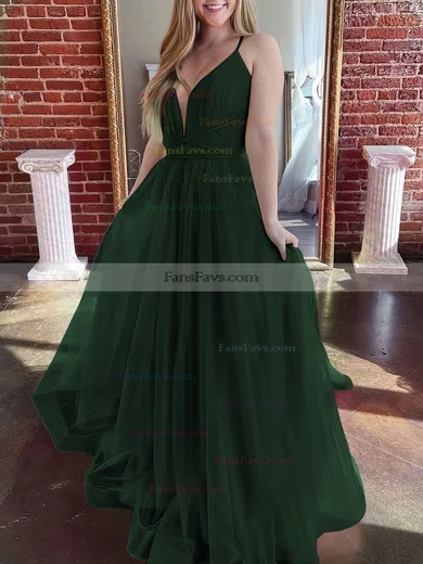 A-line V-neck Tulle Sweep Train Prom Dresses #Favs020107304