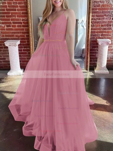 A-line V-neck Tulle Sweep Train Prom Dresses #Favs020107304