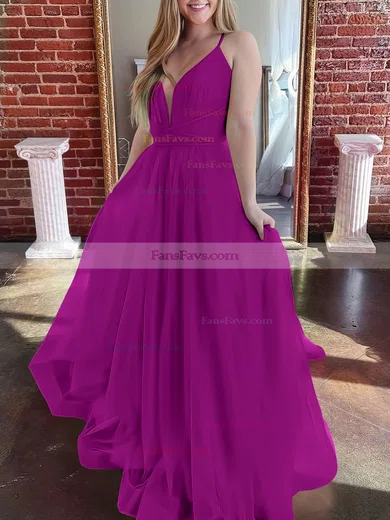 A-line V-neck Tulle Sweep Train Prom Dresses #Favs020107304
