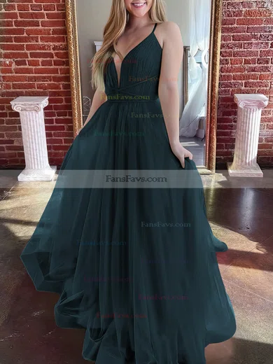 A-line V-neck Tulle Sweep Train Prom Dresses #Favs020107304