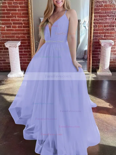 A-line V-neck Tulle Sweep Train Prom Dresses #Favs020107304
